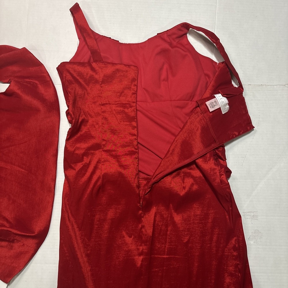 Fiesta Red Satin Cocktail Party Dress Women's Size Xl Ruched Cape Sleeve Midi - Picture 6 of 9